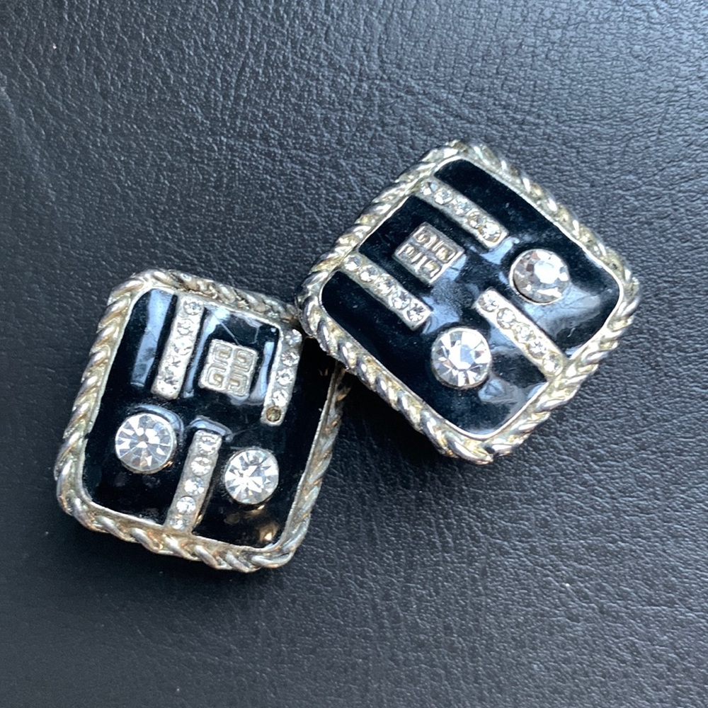 Vintage | Rhinestone Black Enamel Clip On Earrings